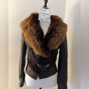 Vintage Real Mink Fur Biker Jacket w/ Fox Collar & Crystal Chains S GUC